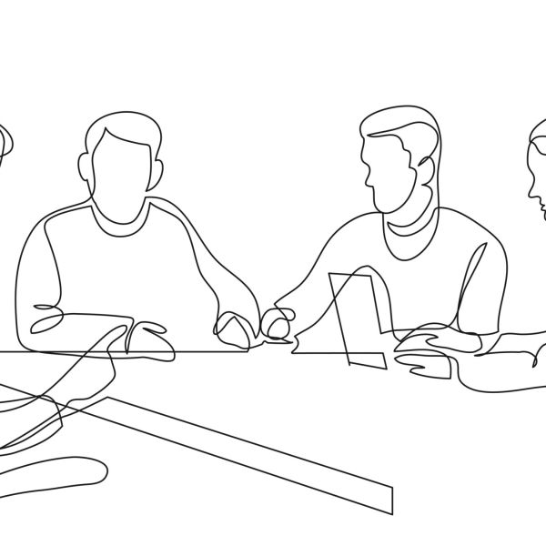 line drawing of people in a meeting room